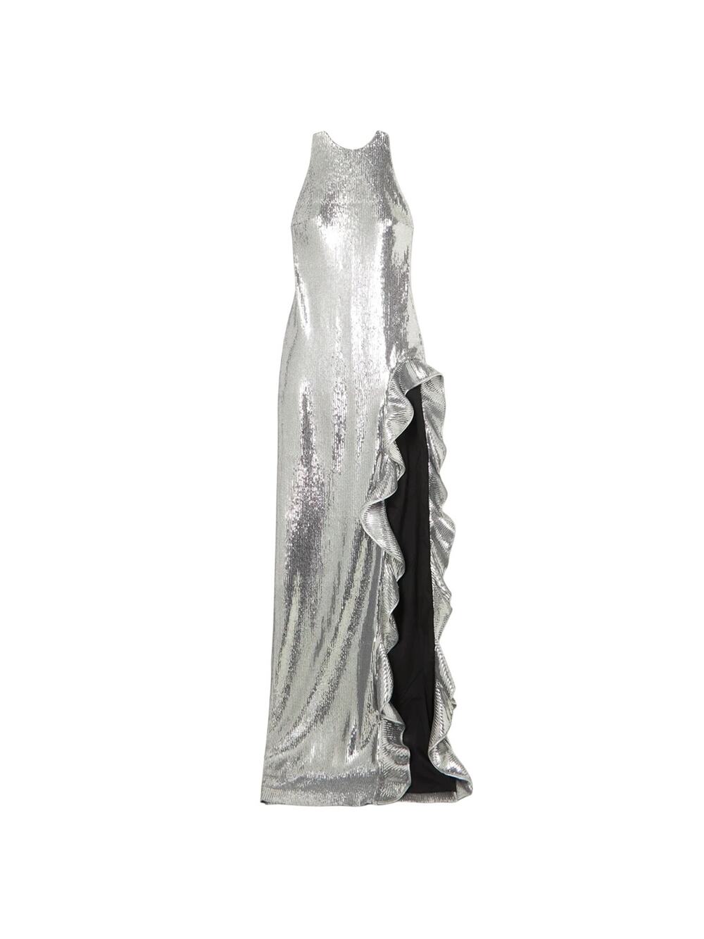 David Koma Sequined Silver Halterneck Ruffle Gown Size UK 8 / US 4